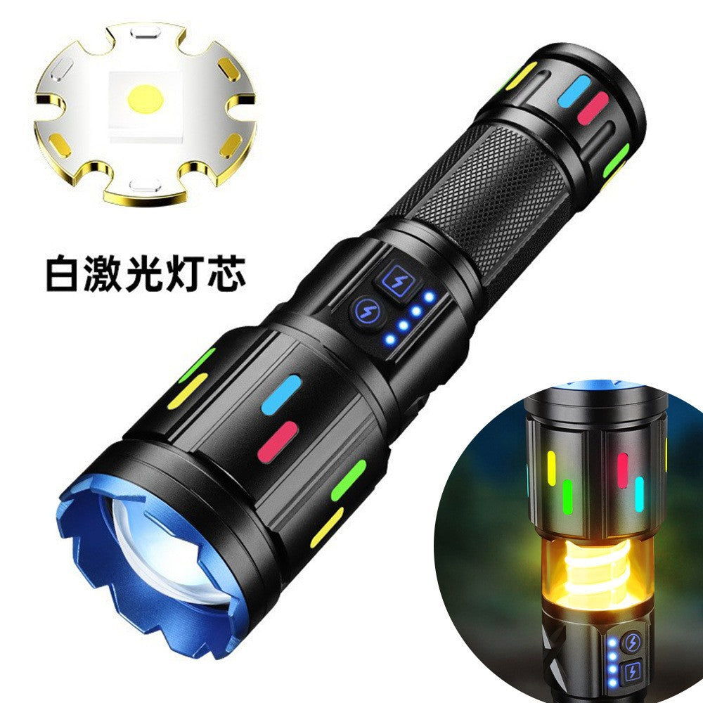 Cross-border new telescopic zoom white laser strong light flashlight, outdoor lighting multi-function LED camping flashlight