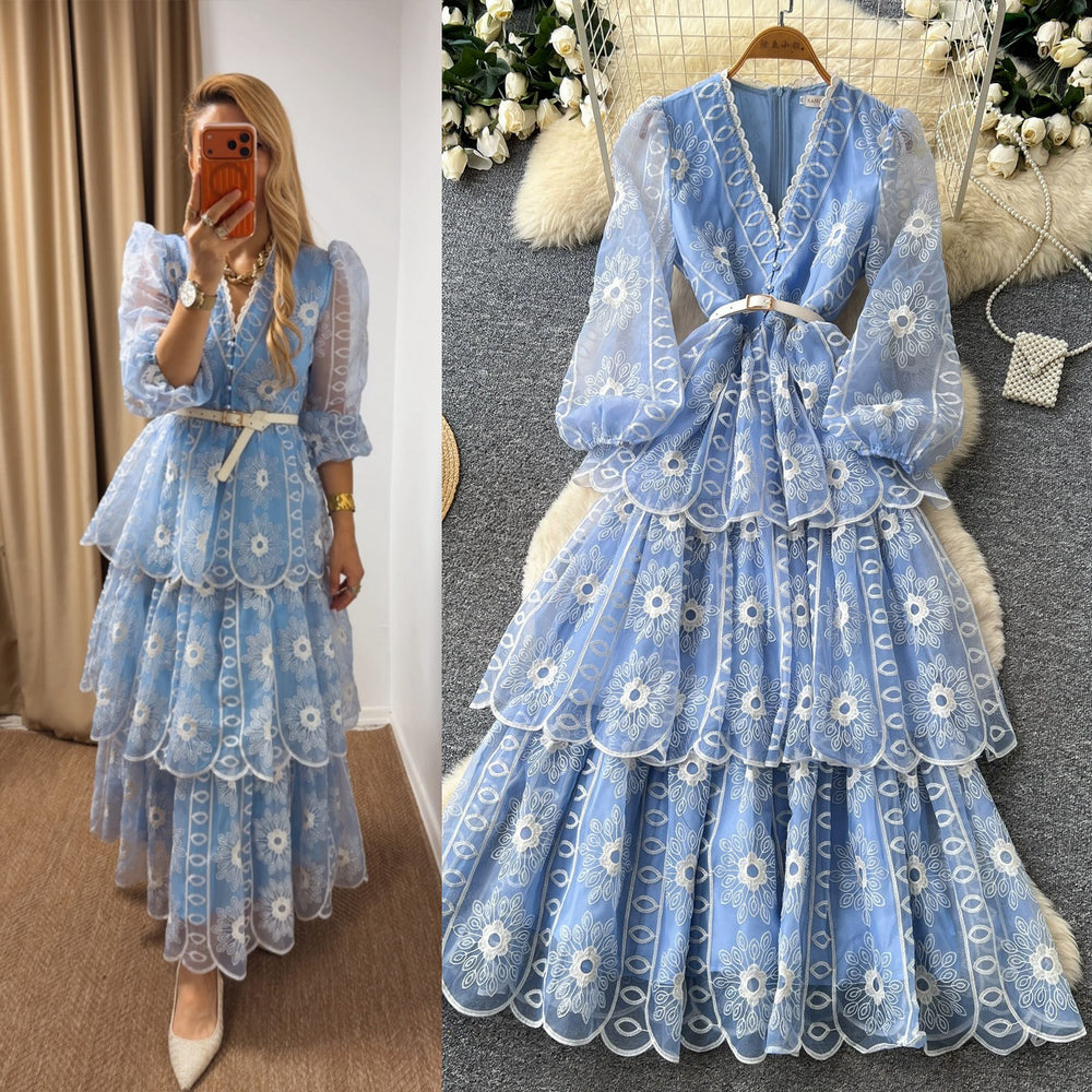 French chic v-neck embroidered maxi dress - women's long sleeve, slim fit, a-line, elegant and flowy