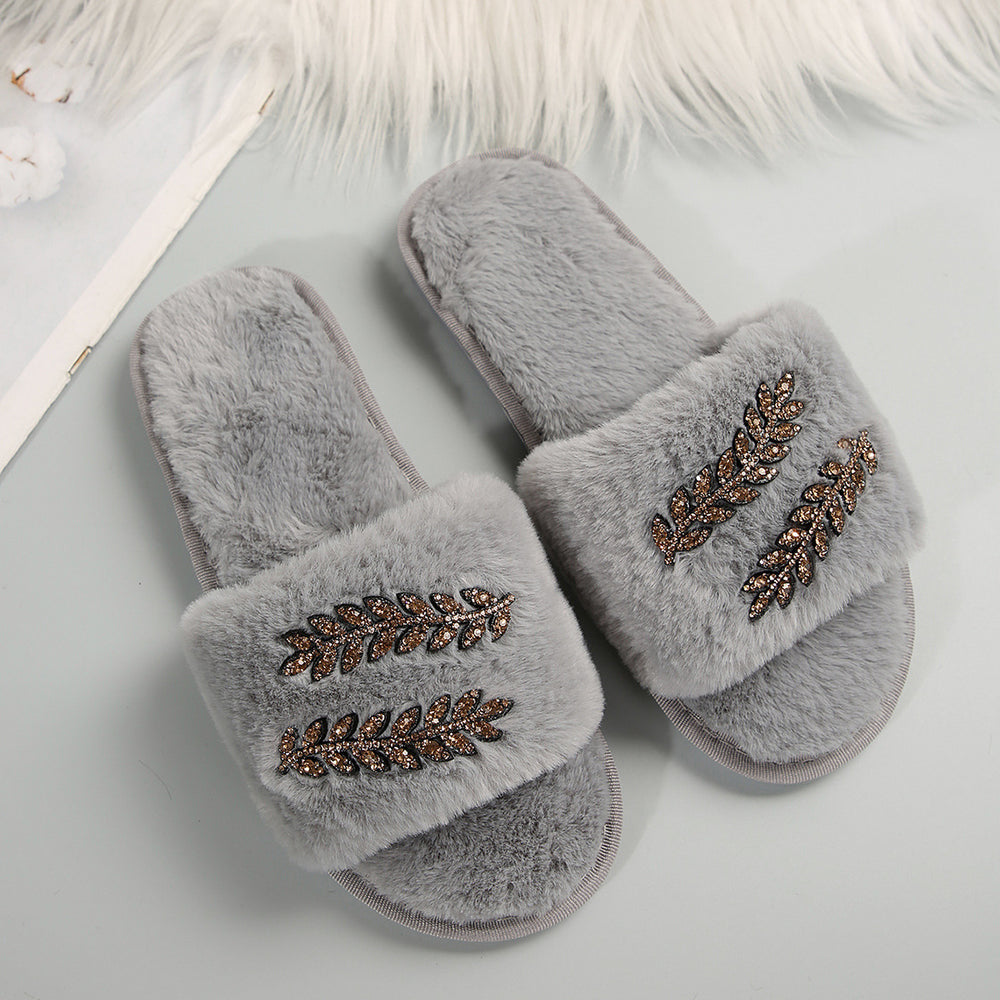 rhinestone leaf autumn and winter new arrival fur slippers women's foreign trade large size 43casualthick sole home fur slippers for women