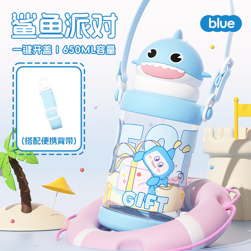 Summer popular plastic cup cartoon kids outdoor portable cute water bottle with strap high temperature resistant cup straw