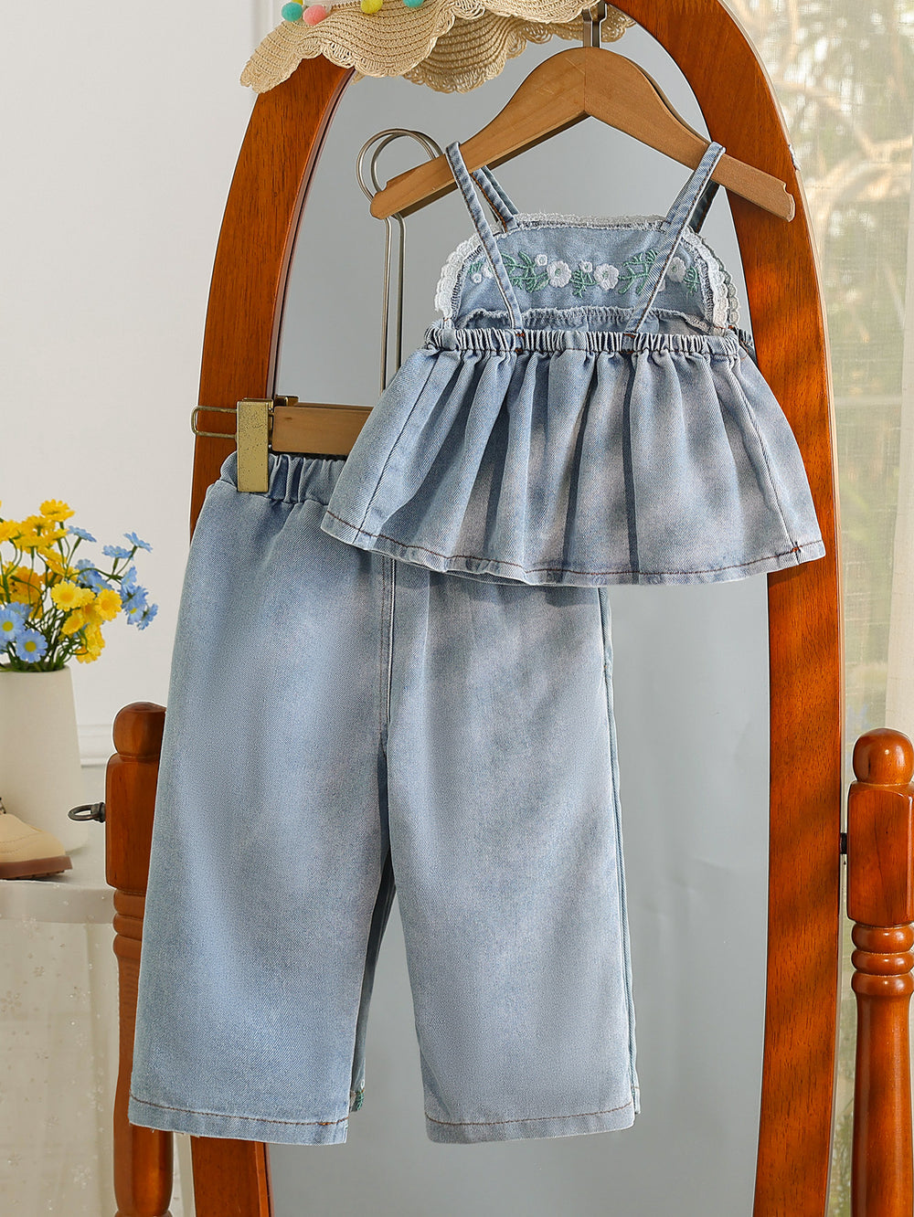 hot selling baby girl doll style embroidered cami top + heavy-duty washed denim pants two-piece set