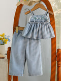hot selling baby girl doll style embroidered cami top + heavy-duty washed denim pants two-piece set