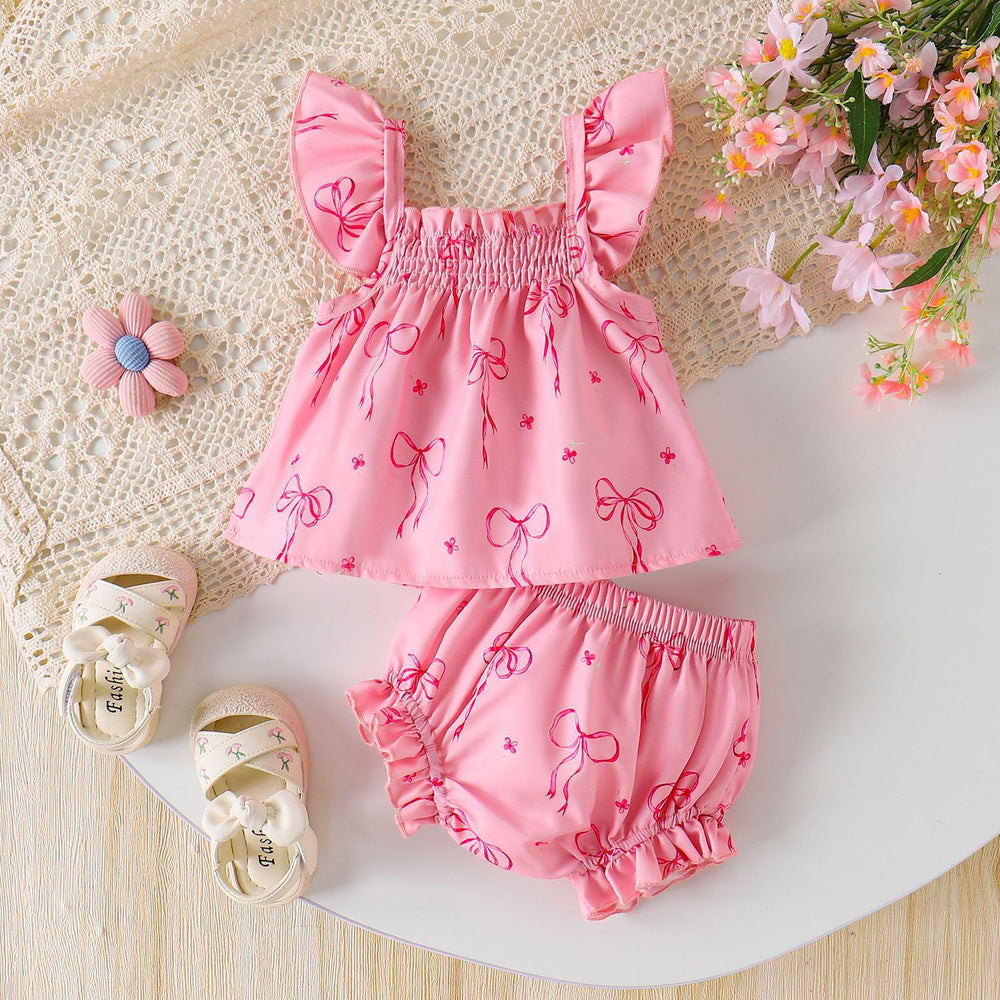 European and american summer new arrival: baby girl flutter sleeve bow print loose-fit children's pajama set - comfortable and cool