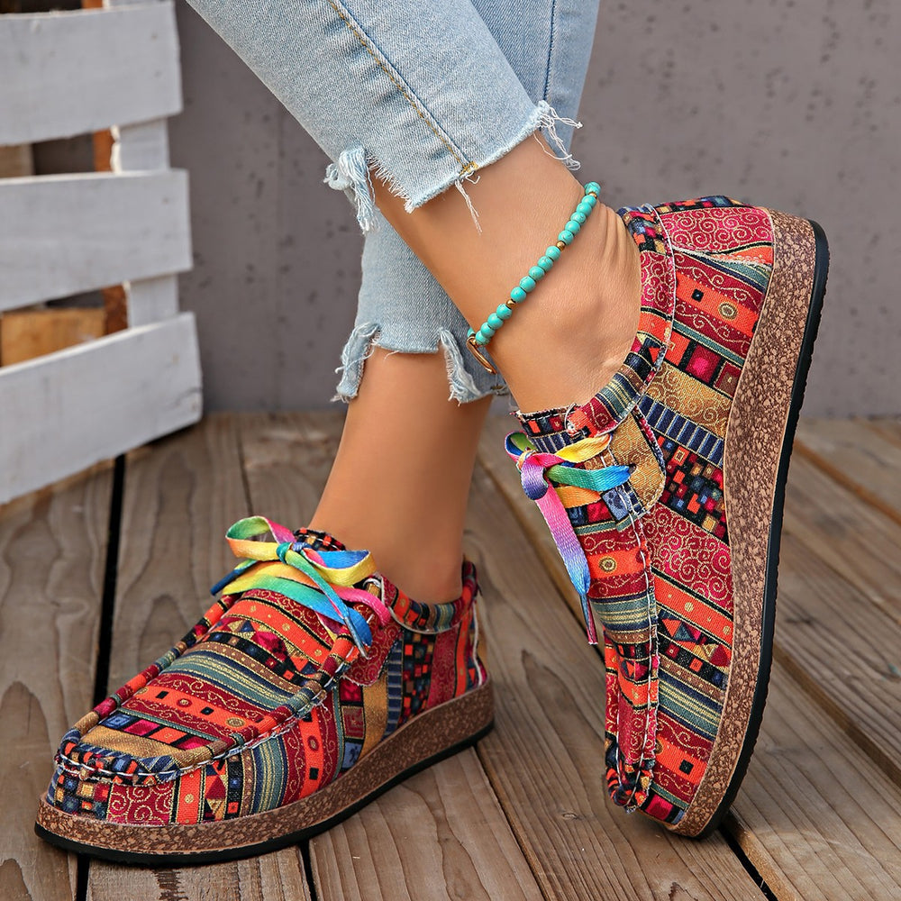 export plus size ethnic style casual flats women's colorful lace-up graffiti low-top canvas shoes wood grain thick sole shoes