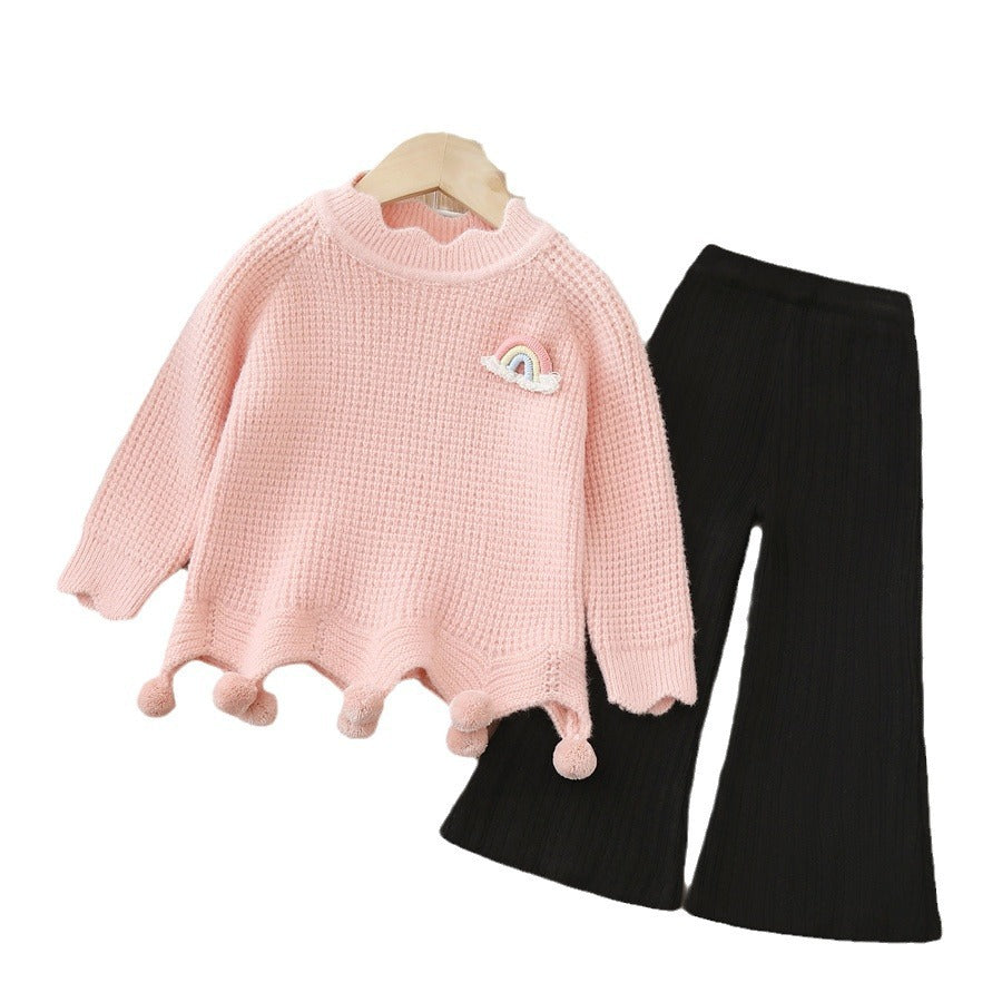 Dropshipping girls' knitted sweater two-piece set -  autumn/winter new collection - handmade floral pants outfit for baby girls