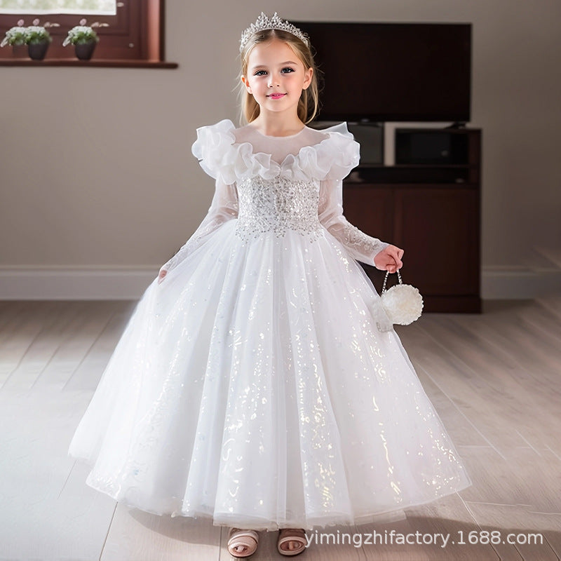 Amazon cross-border girls' evening dress, european and american style white flower girl wedding dress, high-end mesh birthday princess dress, banquet dress