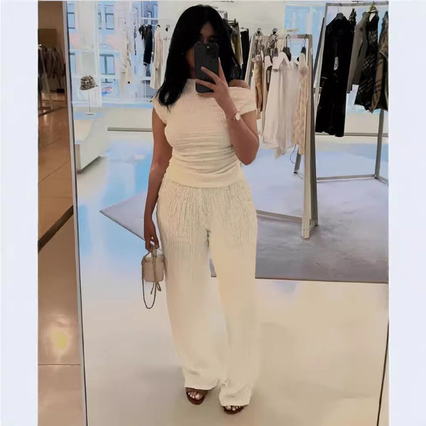 European and American  women's clothing 2024 autumn new solid color one-word collar top loose casual trousers set