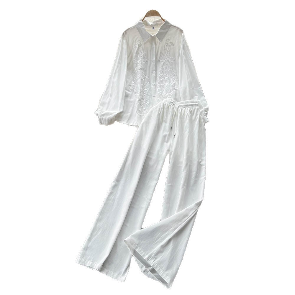 Lazy style casualfashion heavy industry embroiderlooselong sleevesshirt women's high waistslimming lookloose pantsautumsuit