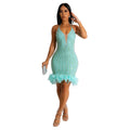C6609   fashion women's solid color hotfix rhinestone mesh feather tie-up mini dress
