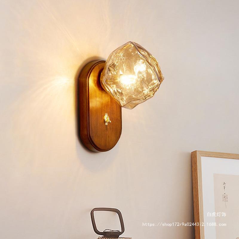 Cross-border special supply for Nordic simple ice cube glass wall lamp solid wood bedroom bedside aisle ambient lighting manufacturers wholesale