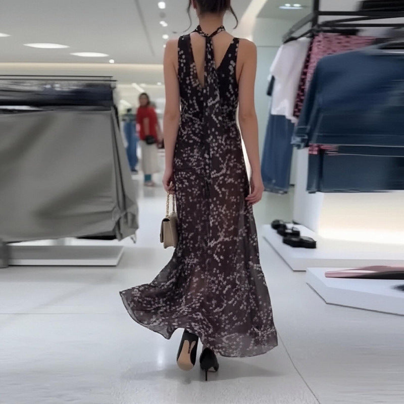 european and american export women's clothing: high-end, exquisite dress - vacation-style printed v-neck backless maxi a-line dress