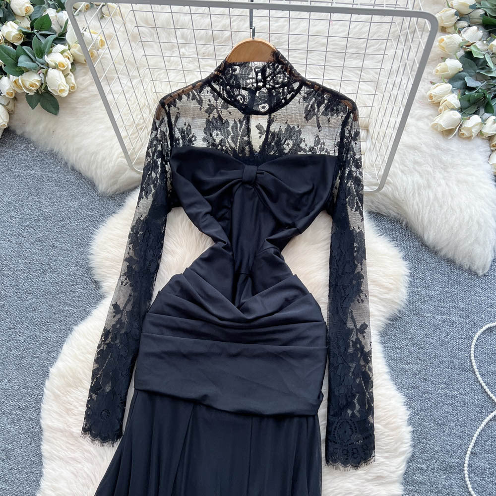 Elegant black formal dress for the modern woman: french-inspired lace, long sleeves, ruched waist, and flirty ruffle hem
