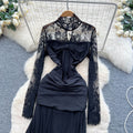 Elegant black formal dress for the modern woman: french-inspired lace, long sleeves, ruched waist, and flirty ruffle hem