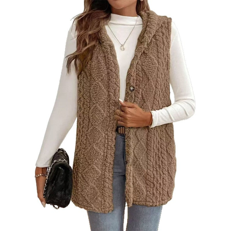 Europe and the United States   hot-selling explosion solid color double-sided plush hooded button cardigan casual women's autumn and winter vest
