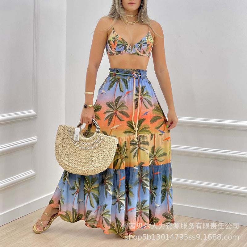 Spot  2022 women's clothing European and American new color tropical printing suspender long skirt set