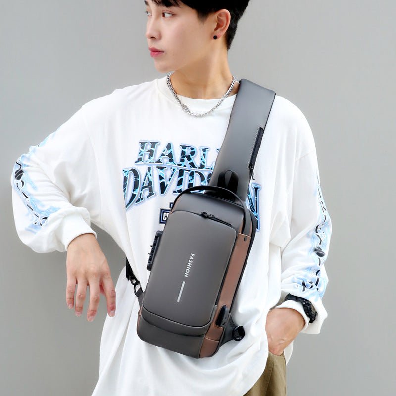 Breast bag, men's new trendy messenger bag, water-proof Oxford cloth shoulder bag, combination lock, sports and leisure backpack.