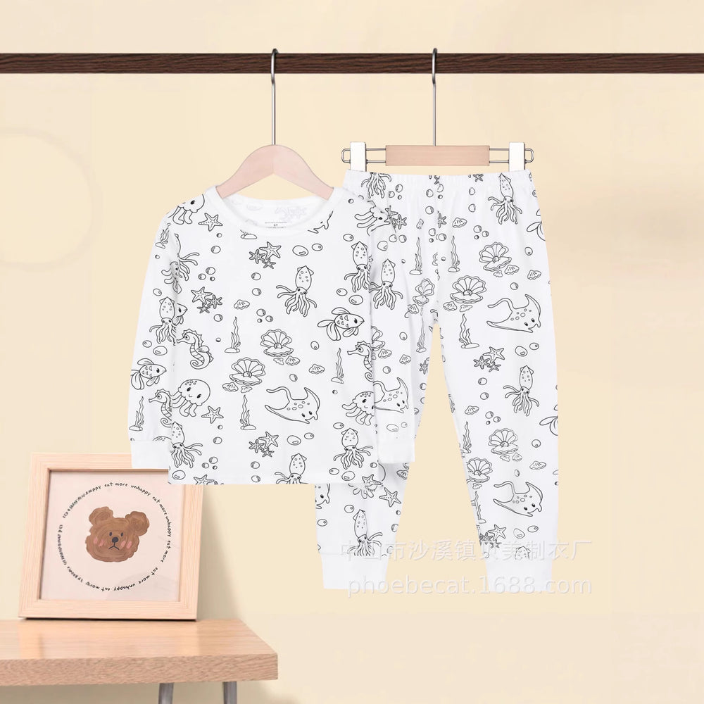 Class a cotton kids home wear suit boys and girls youth graffiti autumn clothes and long trousers close-fitting in stock wholesale