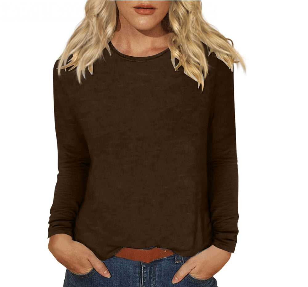 new women's casual long-sleeve solid color crew neck t-shirt for cross-border