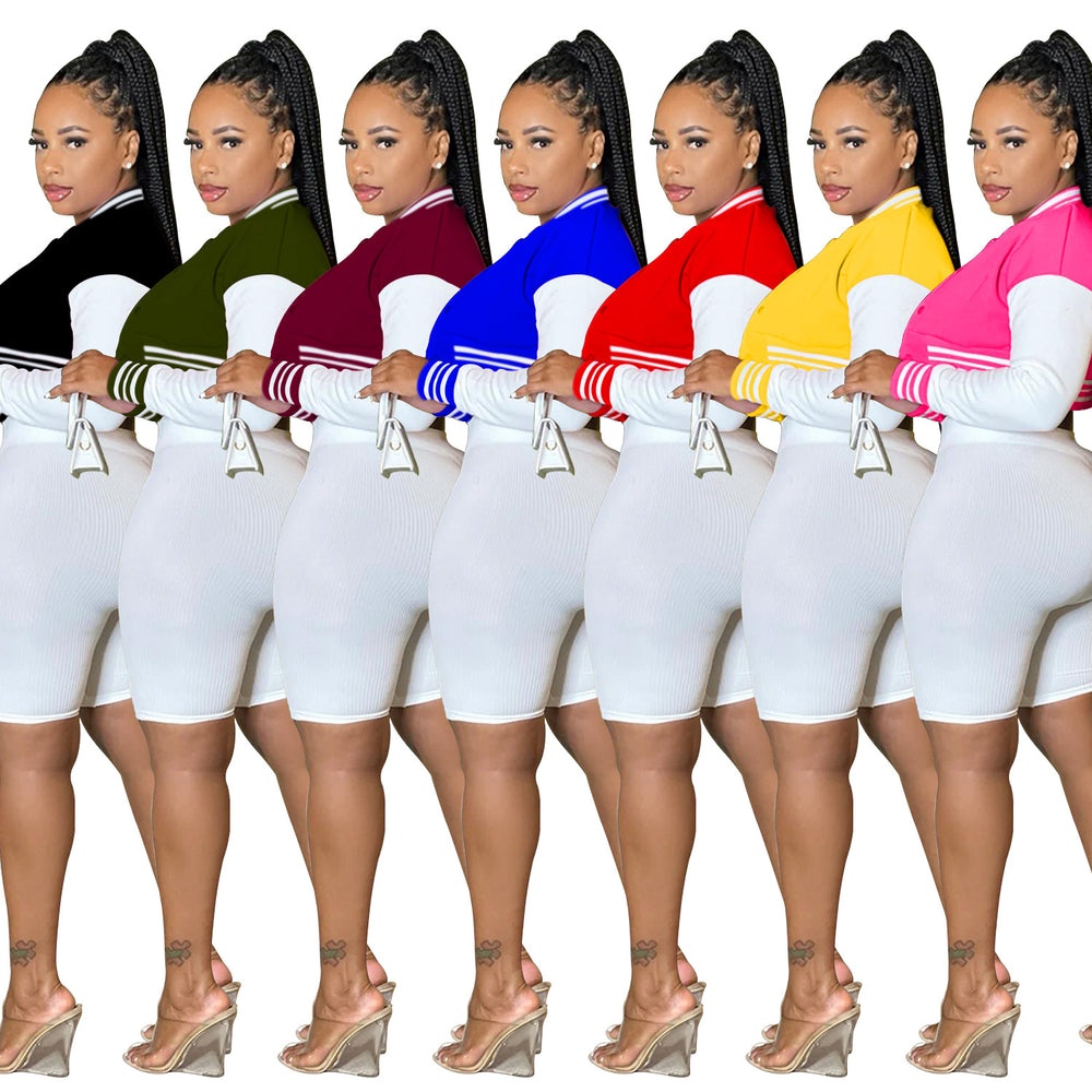 X6001 cross-border   fashion women's long-sleeved cropped jacket with lined shorts three-piece set