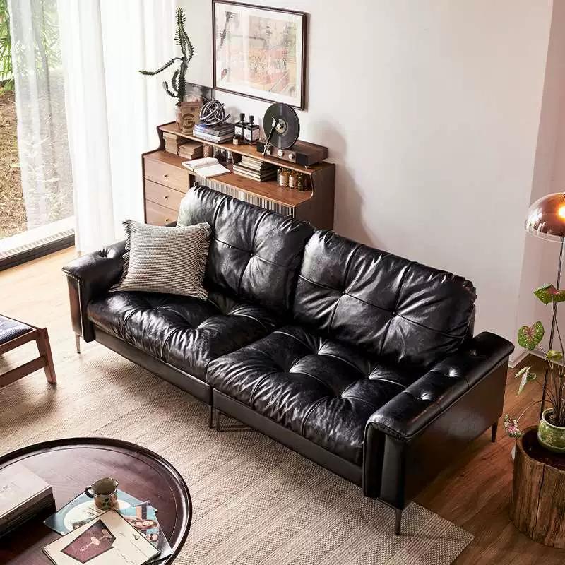 Nebula sofa, glossy black oil wax leather, high-back, small apartment, retro, vintage, southeast asian style