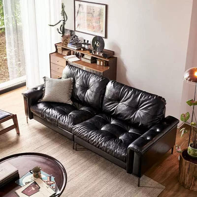 Nebula sofa, glossy black oil wax leather, high-back, small apartment, retro, vintage, southeast asian style