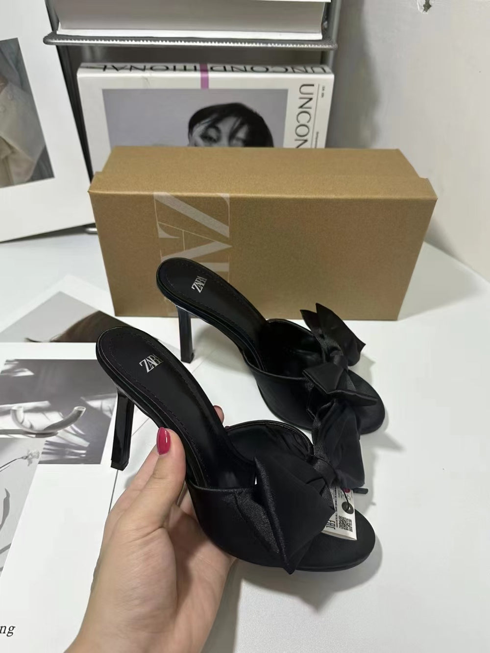 Za 2024 summer new women's pink bow high heel mules - round toe, open back, stiletto heel sandals