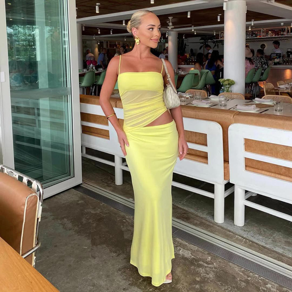 european and american women's clothing  summer new casual sleeveless ruched cami top and slim-fit maxi skirt set