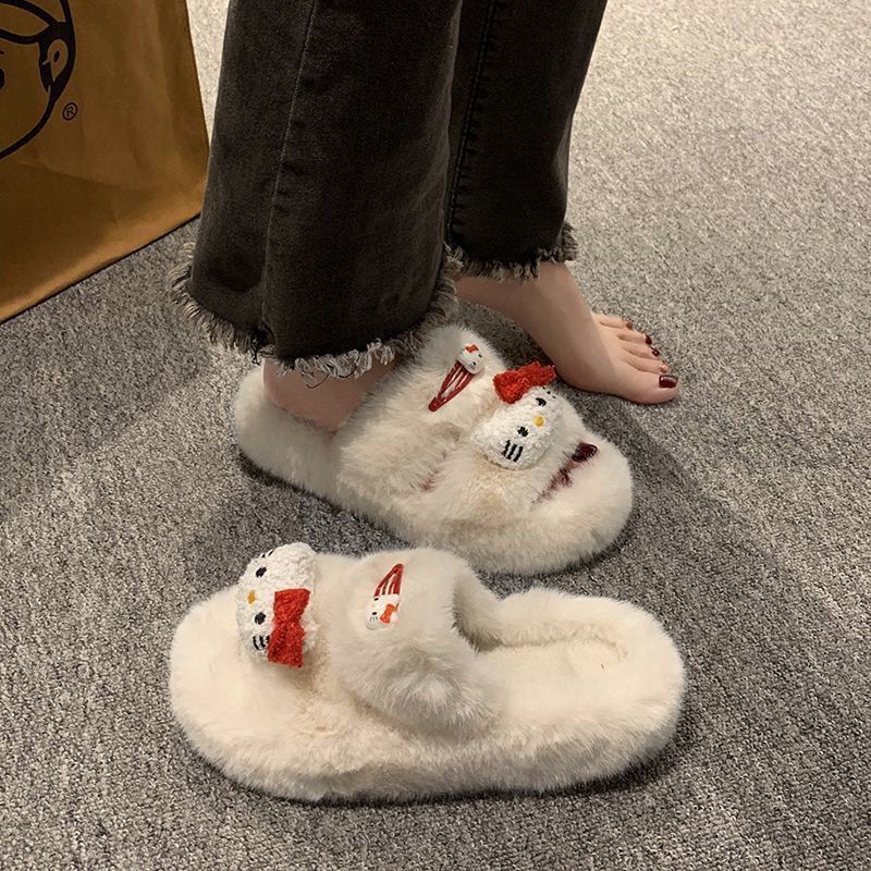Thick sole furry slippers non-slip cartoon cute kitten outwearstuffed velvet cotton shoes for women autumn winternew arrivaleasiest for match