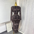 sexyelegance cross v neck leopard print printingdress rhinestone silm hip slit long skirt women's dress