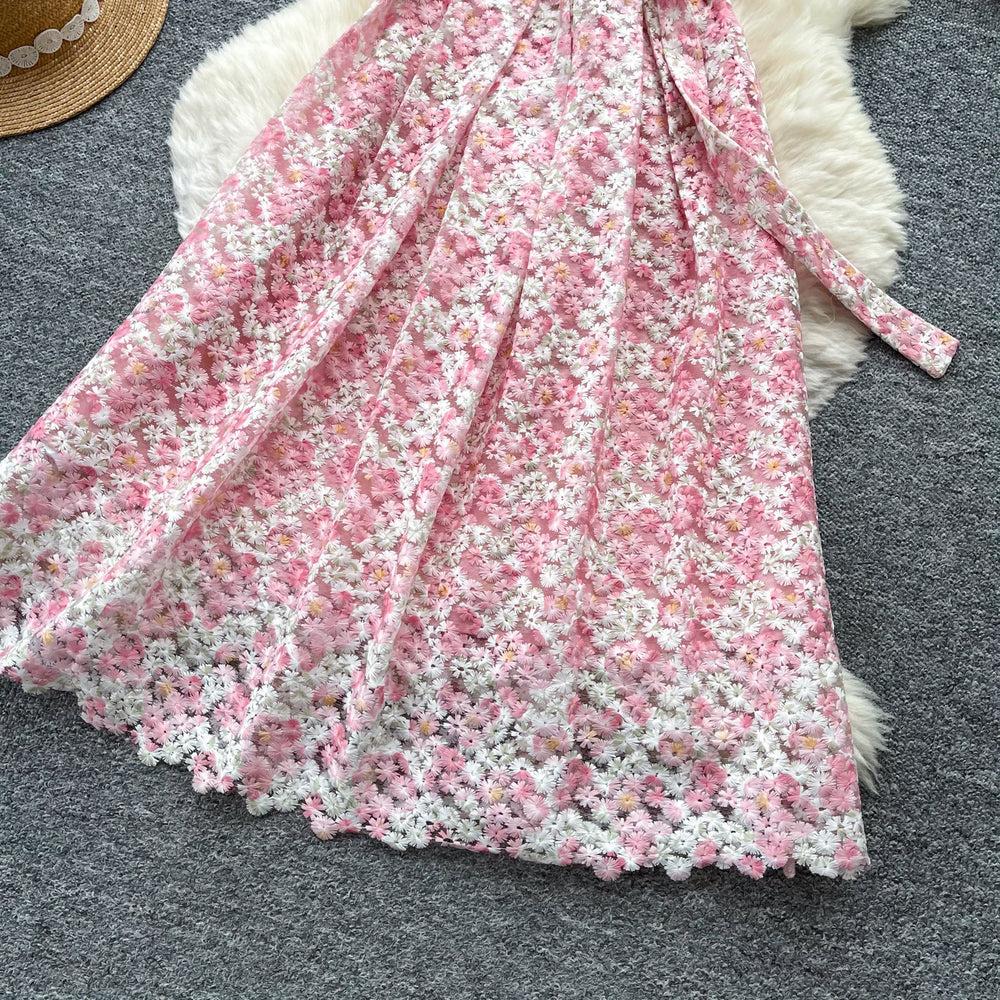 Korean style pink lace hollow-out short sleeve dress - women's summer high-waisted a-line dress - commute-friendly, elegant, and slimming