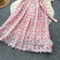 Korean style pink lace hollow-out short sleeve dress - women's summer high-waisted a-line dress - commute-friendly, elegant, and slimming