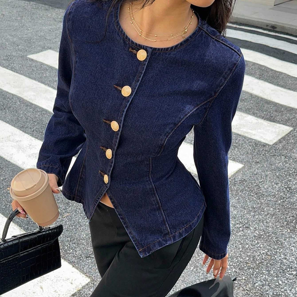 Amazon tiktok pinduoduo foreign trade cross-border fashion round neck waist fishtail denim short jacket