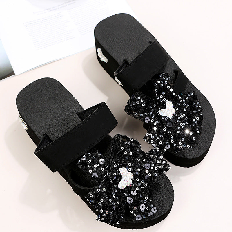 Plus size drag female students spring and summer outweark-style flip-flop sandals flower rhinestone drag ins pearl eva beach shoes