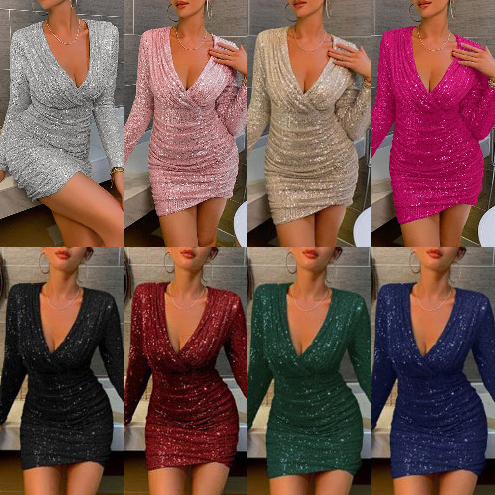 2025 amazon autumn/winter new european and american style women's sexy v-neck bodycon mini dress fashion sequin dress gown