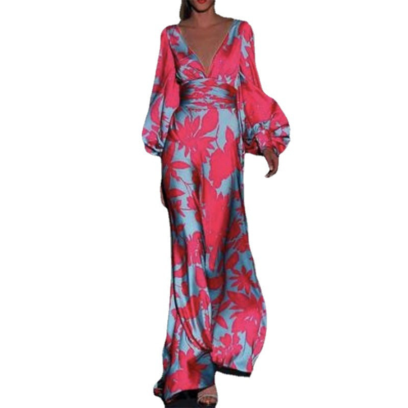 spring/summer new arrivals: european and american style fashionable printed dress - sexy v-neck, cinched waist, loose fit maxi dress