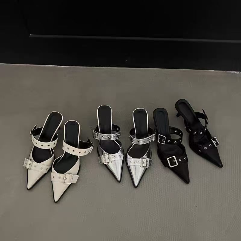 2025 summer pointed-toe stiletto heel fashion silver outdoor wear new closed-toe high-end buckle strap sandals for women