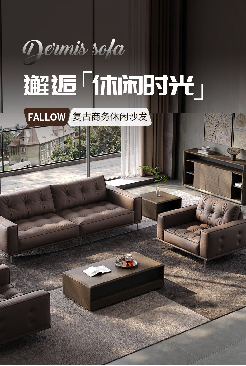 Genuine leather office sofa set - italian minimalist retro style - pull-button straight row three-seater negotiation and reception sofa