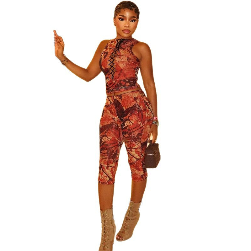 European and american style cross-border retro print women's sleeveless pant suit - slim-fit mid-length leggings, bestselling two-piece set
