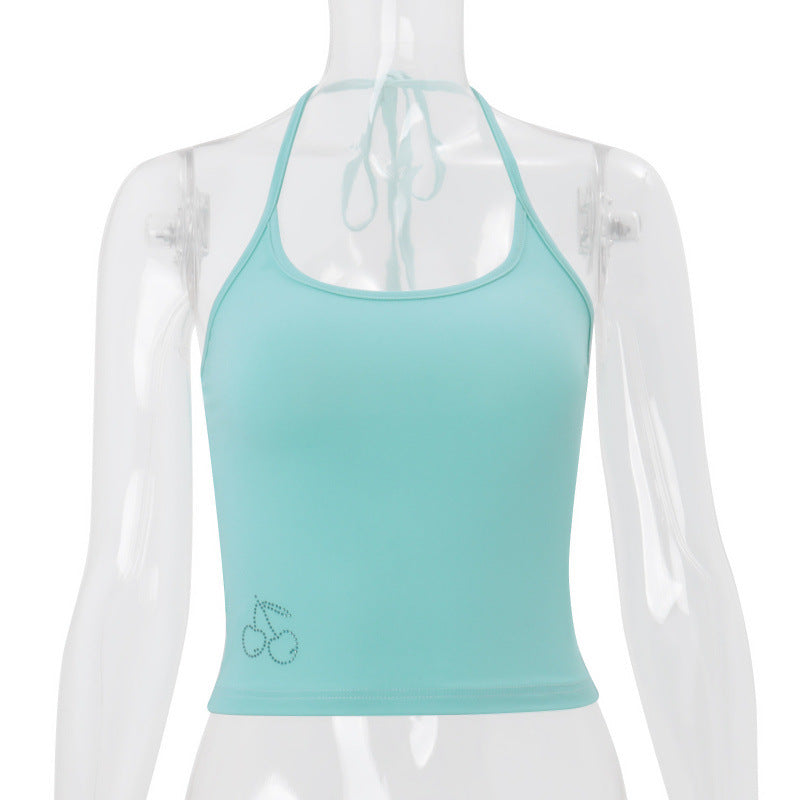 European and american style women's summer  new slim-fit solid color activewear tank top - sleeveless halter neck crop top