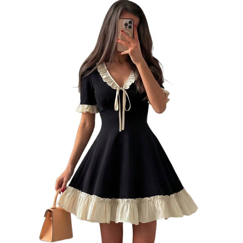 Women's summer new arrival: elegant and romantic color block v-neck ruffle trim tie-waist a-line mini dress