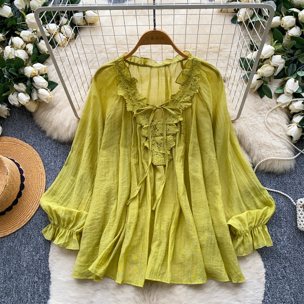 French chic lace trim v-neck tie blouse - women's long sleeve, youthful & flattering, autumn , relaxed fit