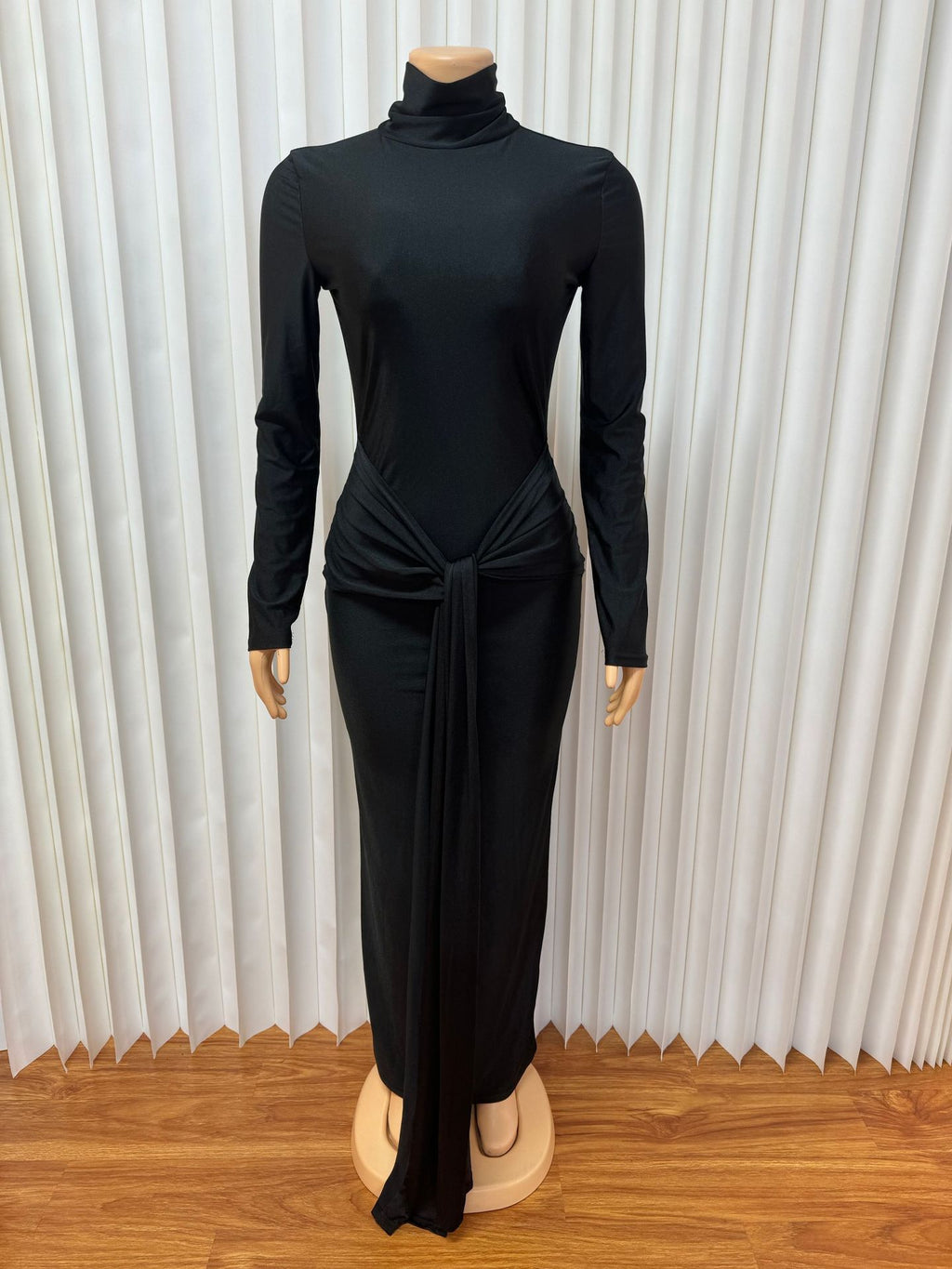 European and American new solid color sexy slim-fitting turtleneck long-sleeved lace-up streamer hip-wrapped dress women's clothing