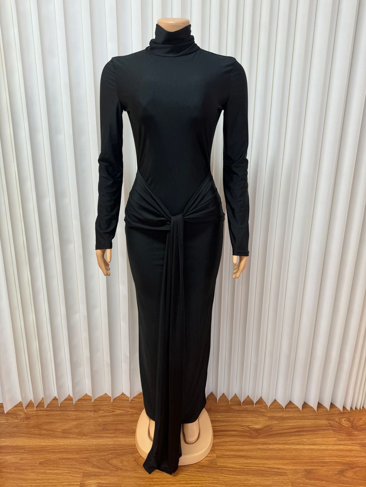 European and American new solid color sexy slim-fitting turtleneck long-sleeved lace-up streamer hip-wrapped dress women's clothing