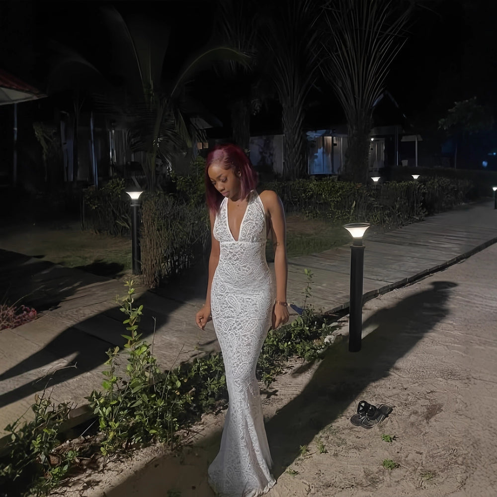 European and american cross-border women's fashion:  early winter new sleeveless halter v-neck tie-back slim-fit maxi dress