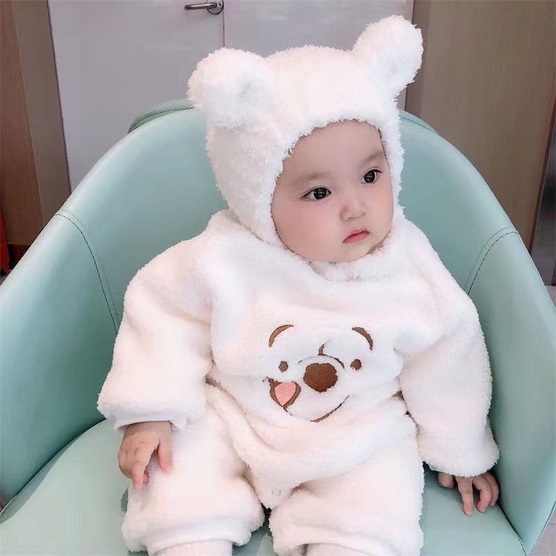Newborn baby autumn/winter fleece-lined long-sleeve romper - cute cartoon design, super adorable winter outfit, outdoor bodysuit