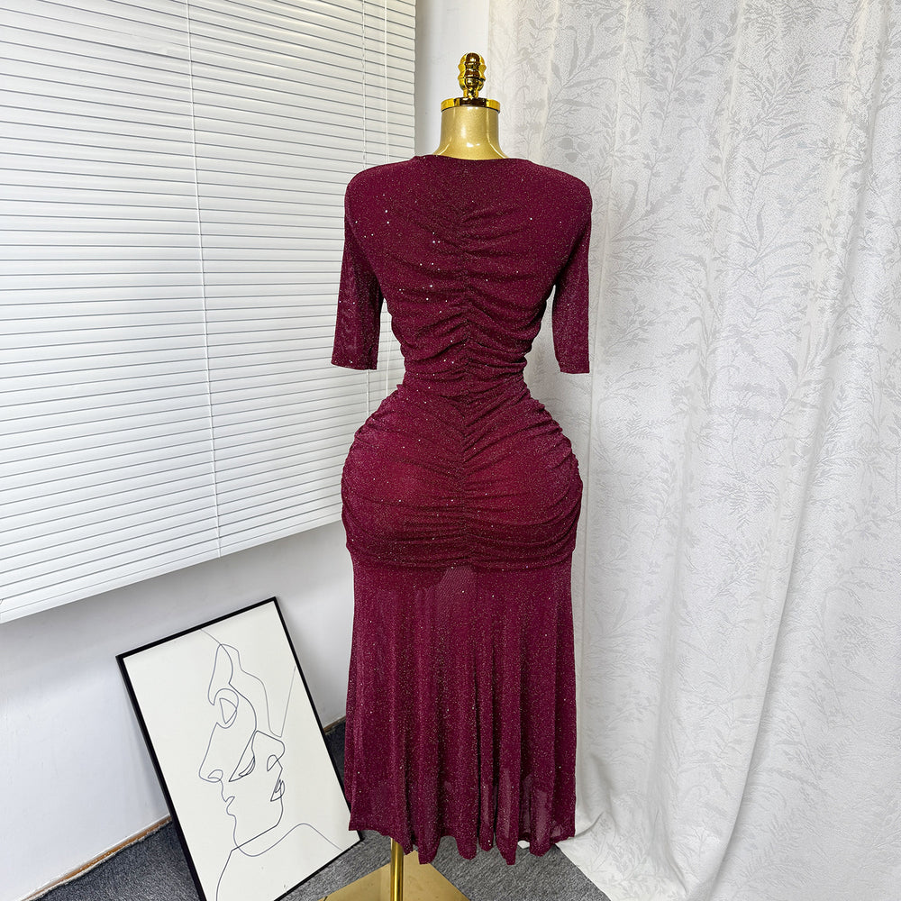 Export frenchelegance stretch mesh pleated v neck silmdress women's summer high waistslimming lookelegant long skirt