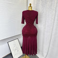Export frenchelegance stretch mesh pleated v neck silmdress women's summer high waistslimming lookelegant long skirt