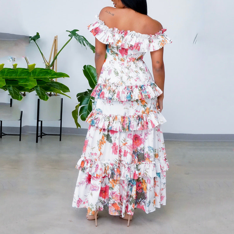 European and american 2025 summer new women's round neck long sleeve printed ruffle hem maxi dress - fashionable vacation style