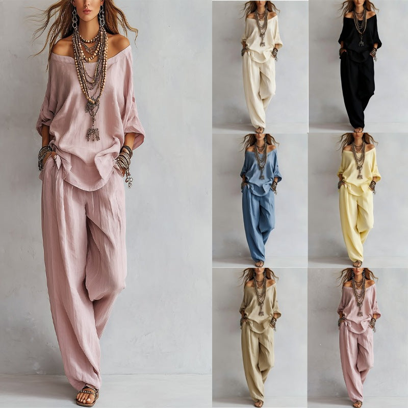 European and american cross-border  independent station summer new casual loose linen three-quarter sleeve top + wide-leg pants set