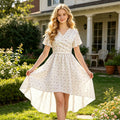 Teen girls' french floral dress - high-low hem, country chic print, v-neck, fashionable european & american style, vintage dress